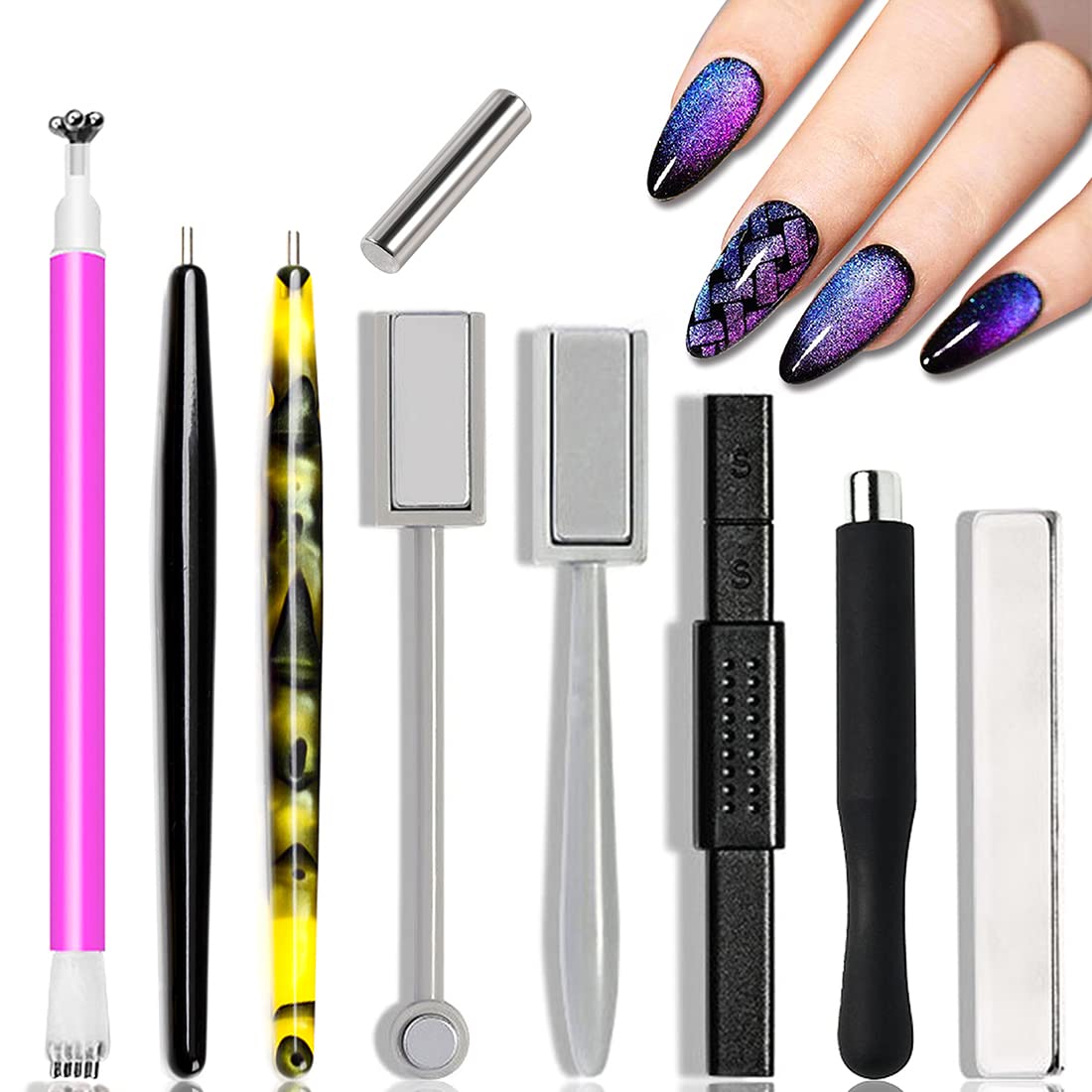 Xeaohesy 9 Pieces Nail Magnet Tool Set Double-Head Flower Design Nail Magnet Pens Multi-Function Magnet Board Magnet Stick 3D Ma