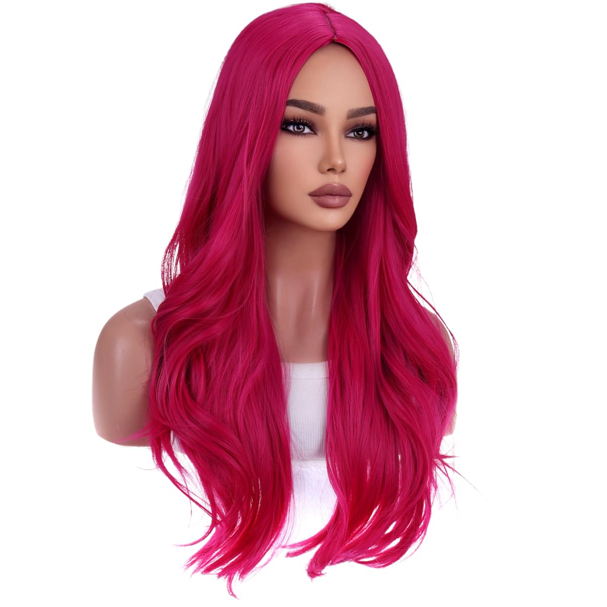 Wthcos Hot Pink Wig Long Curly Wavy Hair Wig For Women Girls Magenta Wig Middle Part Wig Heat Resistant Synthetic Hair Wigs For