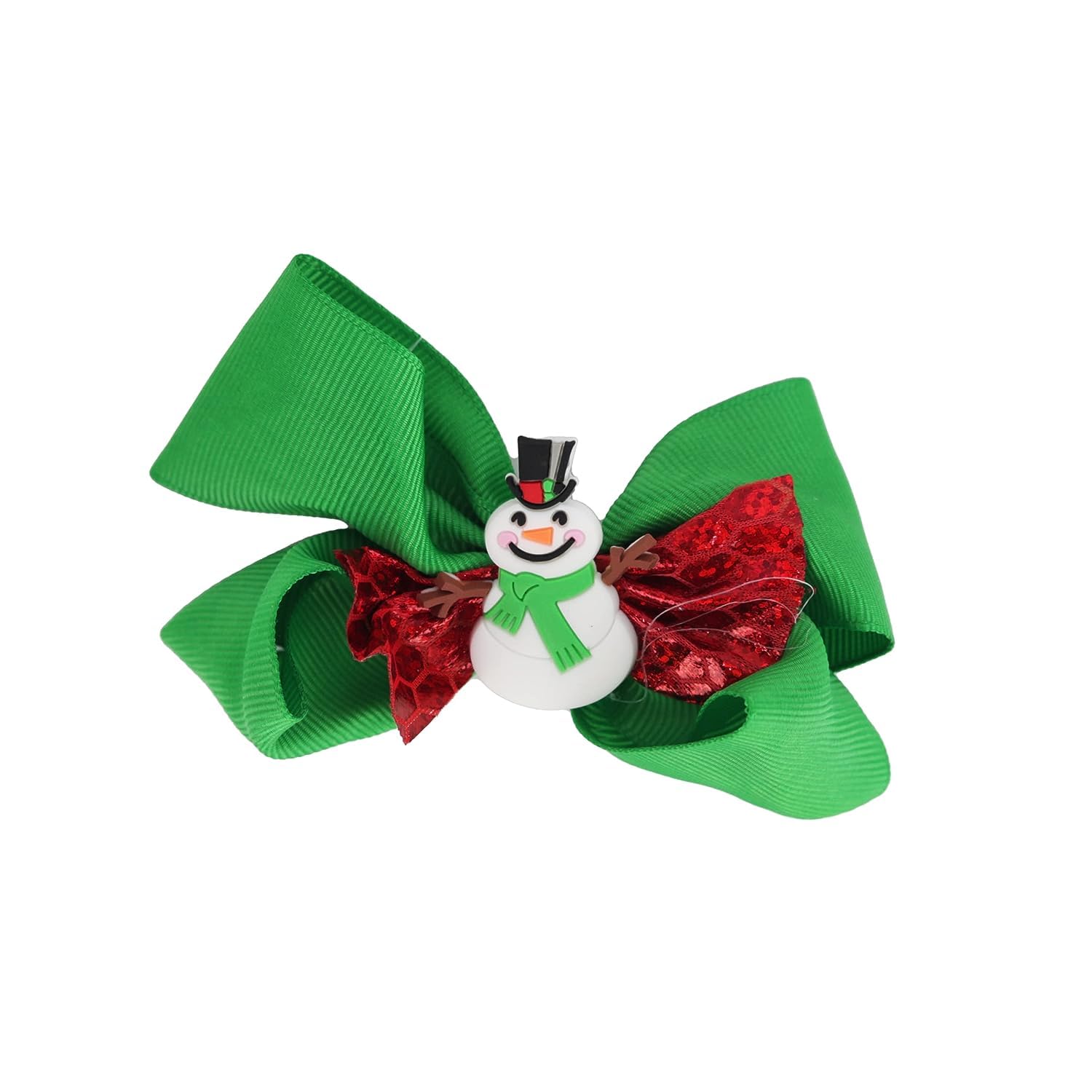 Hair Bow Printed Christmas Bow with Silicone Charm - Red Layer Snowman