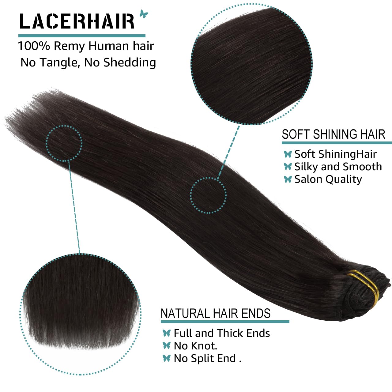 Lacer Hair Extensions Clip In Human Hair 22 Inch Darkest Brown #2 Double Weft 7Pieces 140G Silky Straight Natural Hair Lace Clip