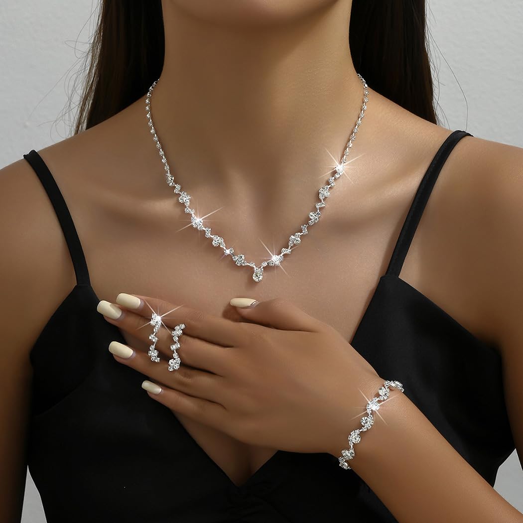 Unicra Bride Crystal Necklace Bracelet Earrings Set Bridal Wedding Jewelry Sets Rhinestone Choker Necklace Prom Costume Jewelry