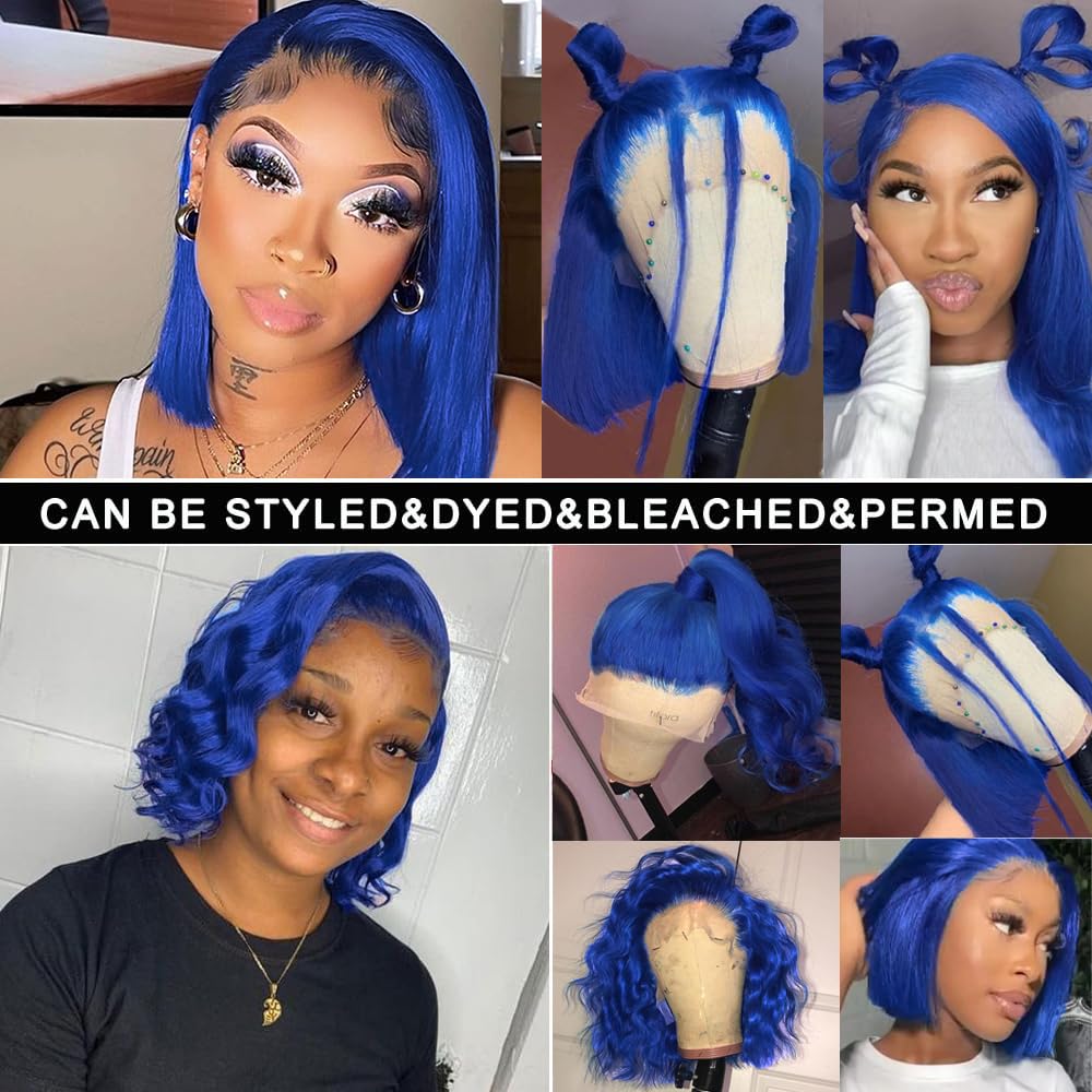 Cheap Hd Transparent Pre Plucked Blunt Cut Blue Bob Wig Human Hair Lace Front Wigs With Baby Hair Natural Hairline 100% Unproces