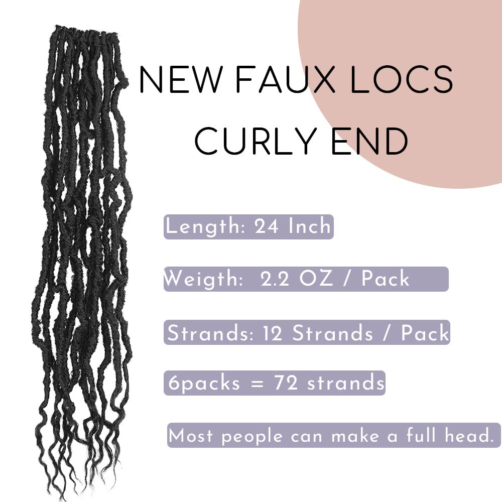 BOHOBABE 24 Inch New Faux Locs With Curly End 6 Packs Soft Locs Crochet Hair 72 Strands Long Black Natural Crochet Braids (6Pack