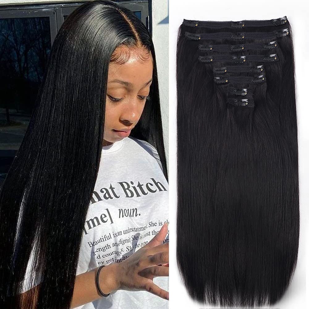 28Inch Clip in Hair Extensions Real Human Hair Straight 8Pcs Remy Hair Extensions Clip in Human Hair with 18Clips Double Lace We