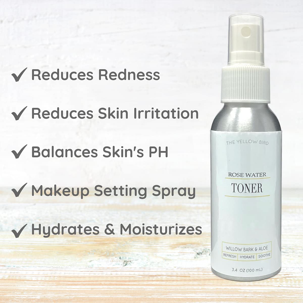 Yellow Bird Natural Rose Water Face Toner - Soothing Facial Hydration Spray, Calming Makeup Setting Mist, Moisturizer Willow Bar