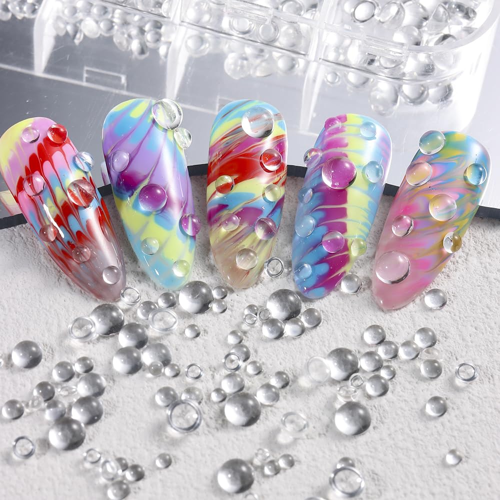 3D Mixed Sizes Clear Bubble Beads Nail Charms Jewelry, Transparent Semi-Circular Dewdrop Water Droplets Glass Bubble Balls Flatb