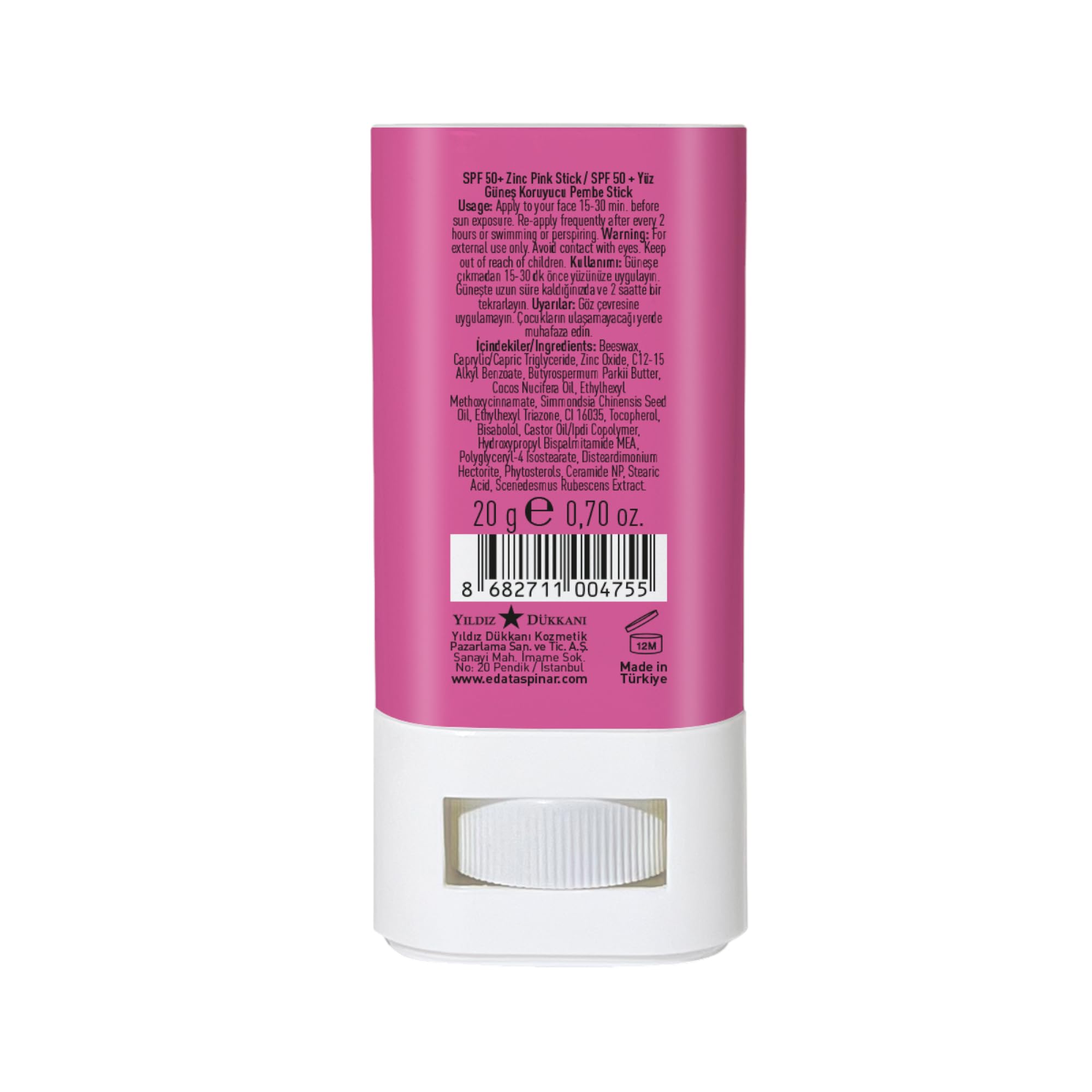 Eda Taspinar SPF 50+ Pink Zinc Oxide Stick, Nano Filter Technology, Broad-Spectrum Face Sunscreen, Pocket Size Easy to Carry (20