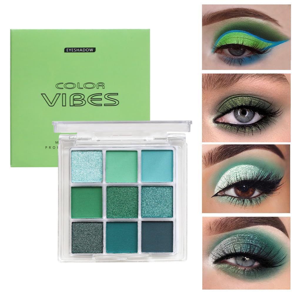Yeweian Green Eyeshadow Palette, 9 Colors Green Glitter Matte Eyeshadow Makeup Palette, Bright Neon Green Eye Shadow, Highly Pig