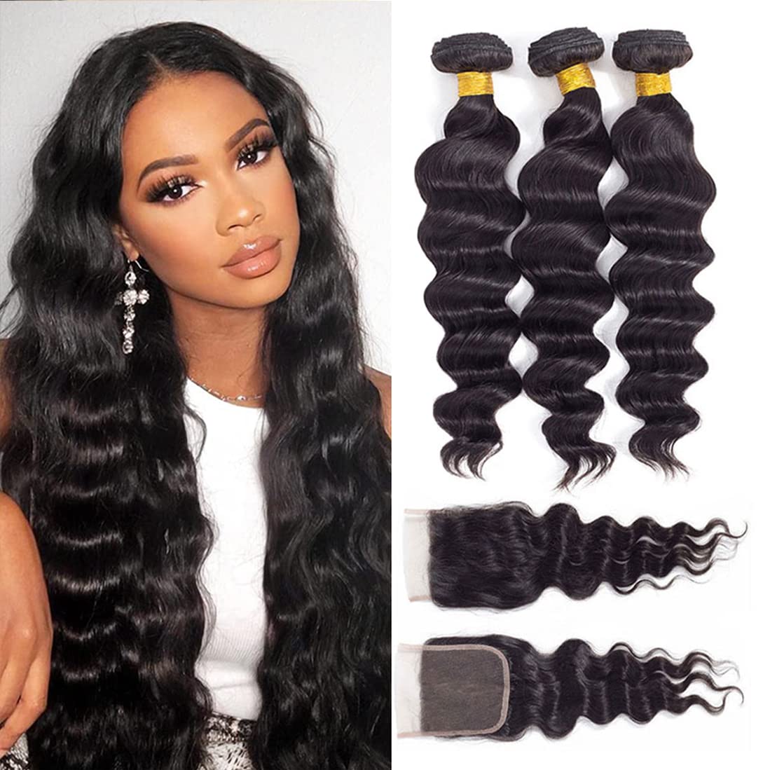 12A Grade Brazilian Virgin Hair Loose Wave 3 Bundles With Closure (12 14 16+10''Closure) 100% Unprocessed Virgin Brazilian Remy