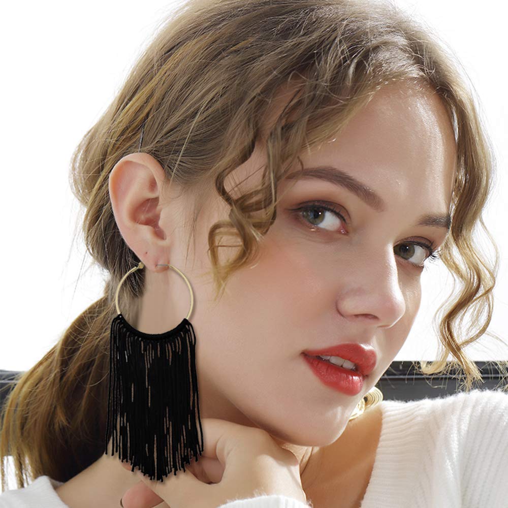 Coiris Boho Tassel Earrings for Women Bohemian Hoop Drop Tassels Western Earrings Statement Dangle Country Earrings Summer Beach