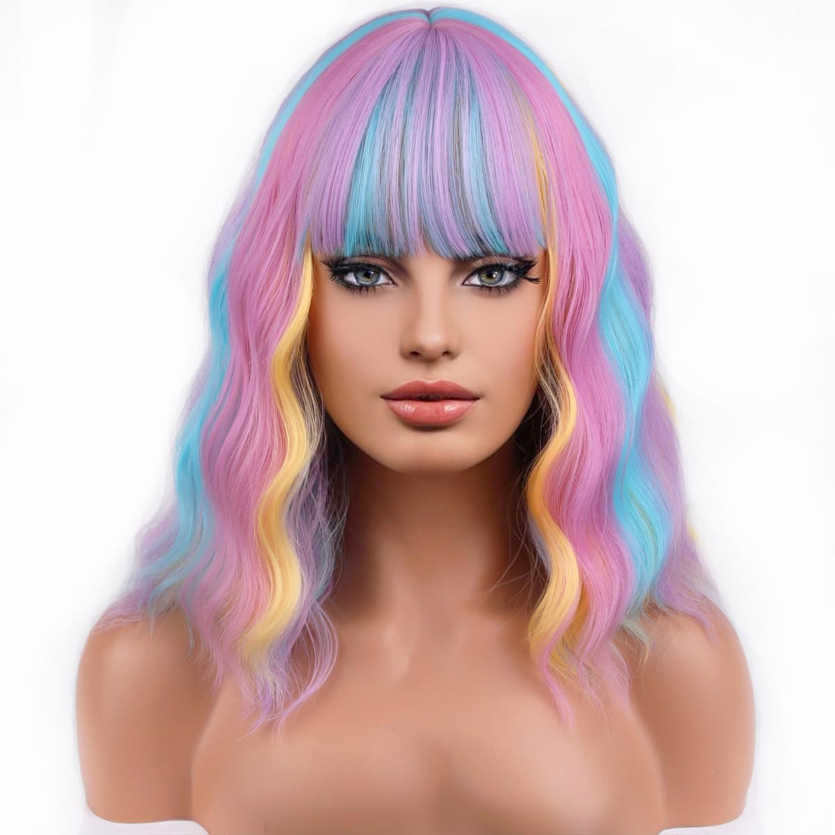 PATTNIUM 14 Inches Rainbow Wig Short Wavy Wig Pastel Rainbow Wig with Bangs Multi Color Wig for Women Girls Heat Resistant Synth