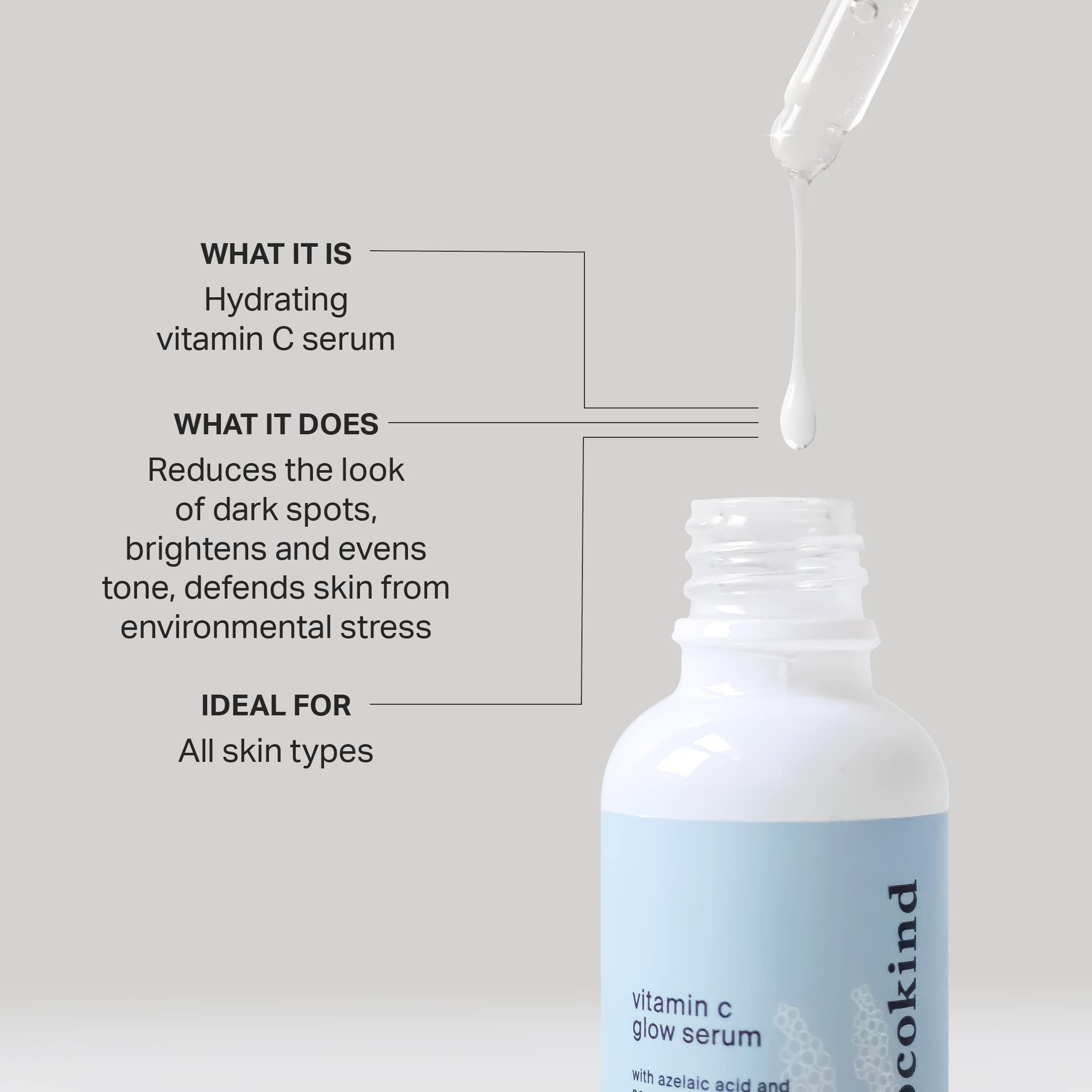 Cocokind Vitamin C Glow Serum with Azelaic Acid and Sea Grape Caviar for Bright and Even Skin, 1 Fl Oz