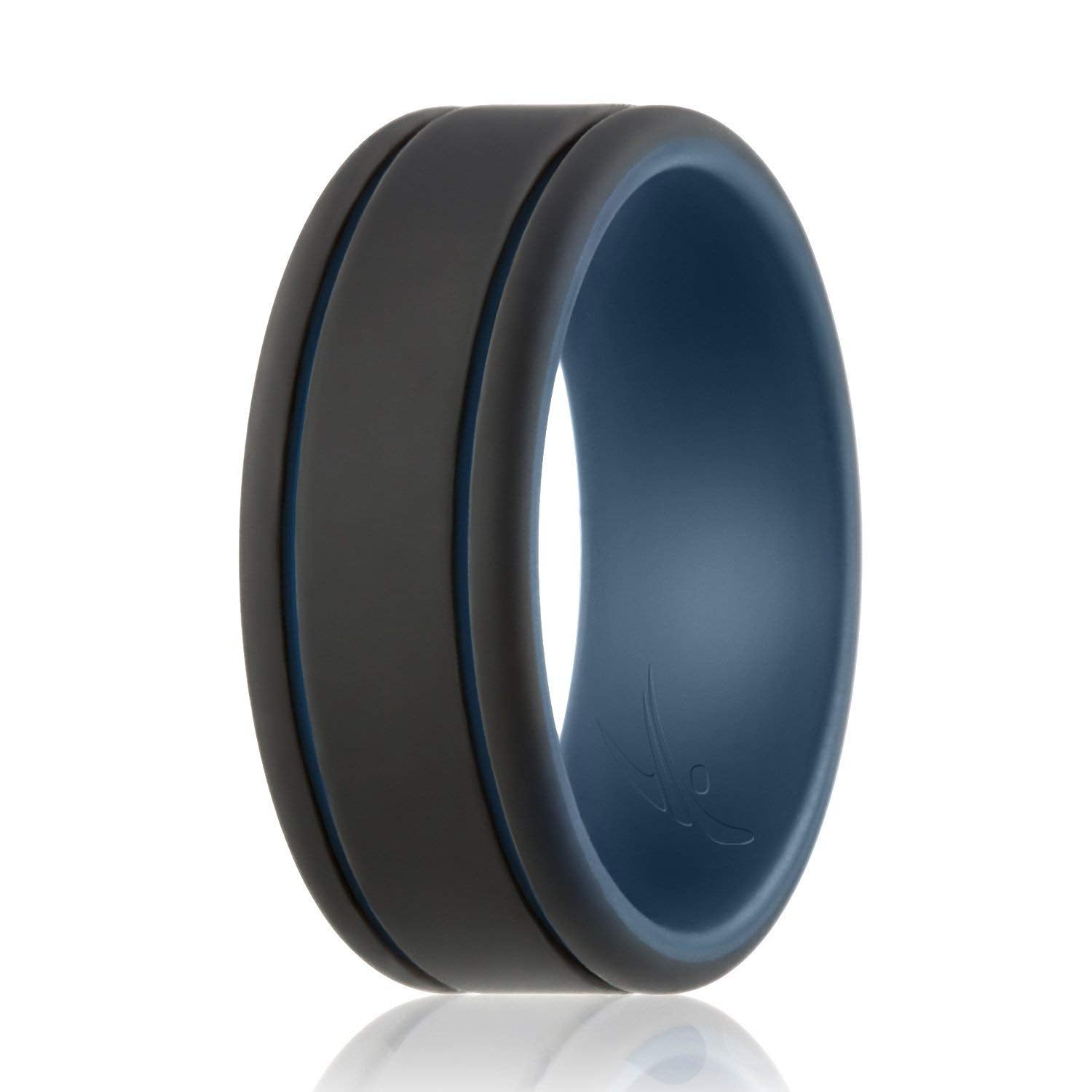 Silicone Wedding Ring - Duo Collection 2 Thin Lines - Blue-Black By Roq For Men - 16 Mm Ring