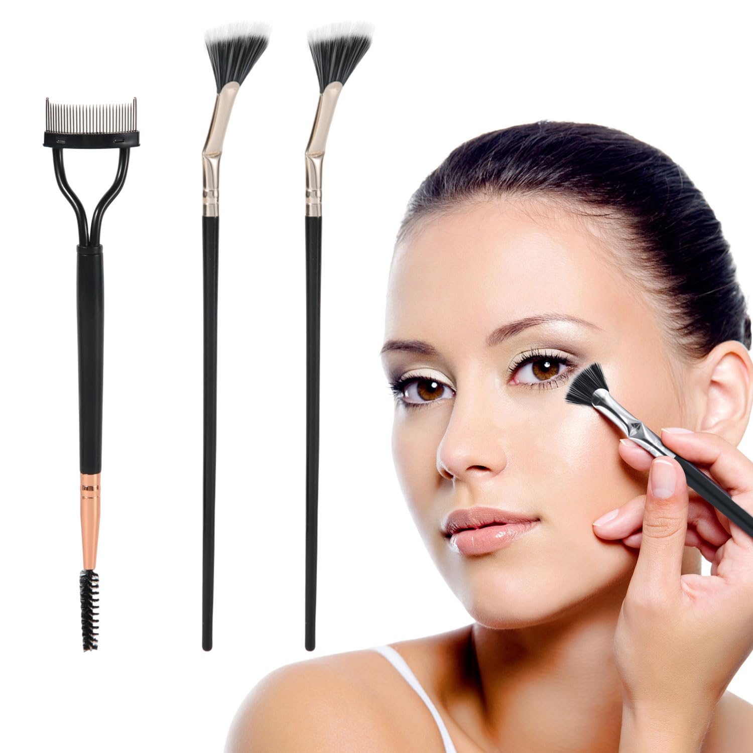 Eyelash Separator Comb & 2pcs Mascara Fan Brush, Folding Angle Scalloped Lash Brush Tool Fan Shaped Mascara Brush Dual Head Eyel
