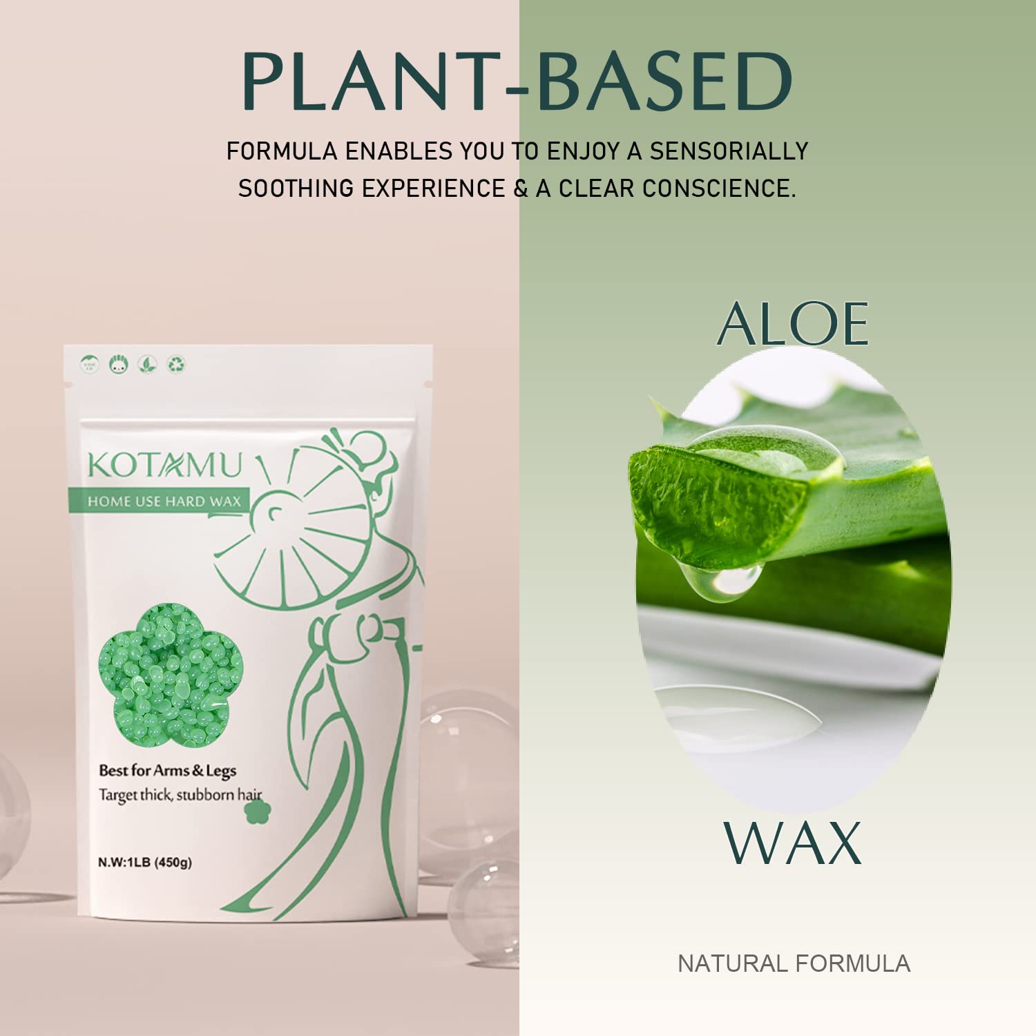 Kotamu Wax Beads 1Lb Aloe Vera Hard Waxing Beans For Hair Removal, Sensitive Skin Waxing Pearls For Women & Men Thick & Stubborn