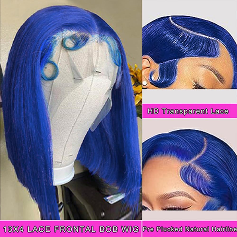 Cheap Hd Transparent Pre Plucked Blunt Cut Blue Bob Wig Human Hair Lace Front Wigs With Baby Hair Natural Hairline 100% Unproces