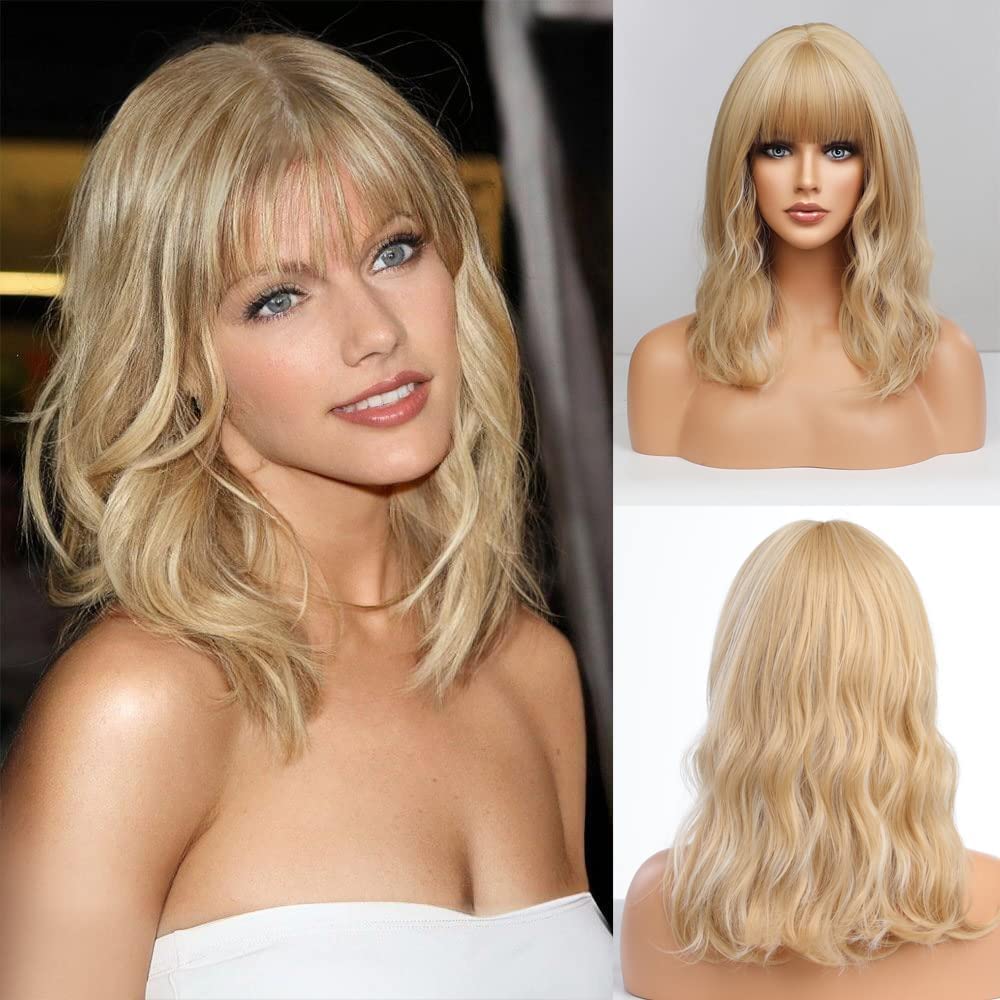 EMMOR Short Curly Wigs with Bangs,Wavy Bob Wigs for Women Heat Resistant Synthetic Wigs Shoulder Length Wigs Natural Looking (Mi