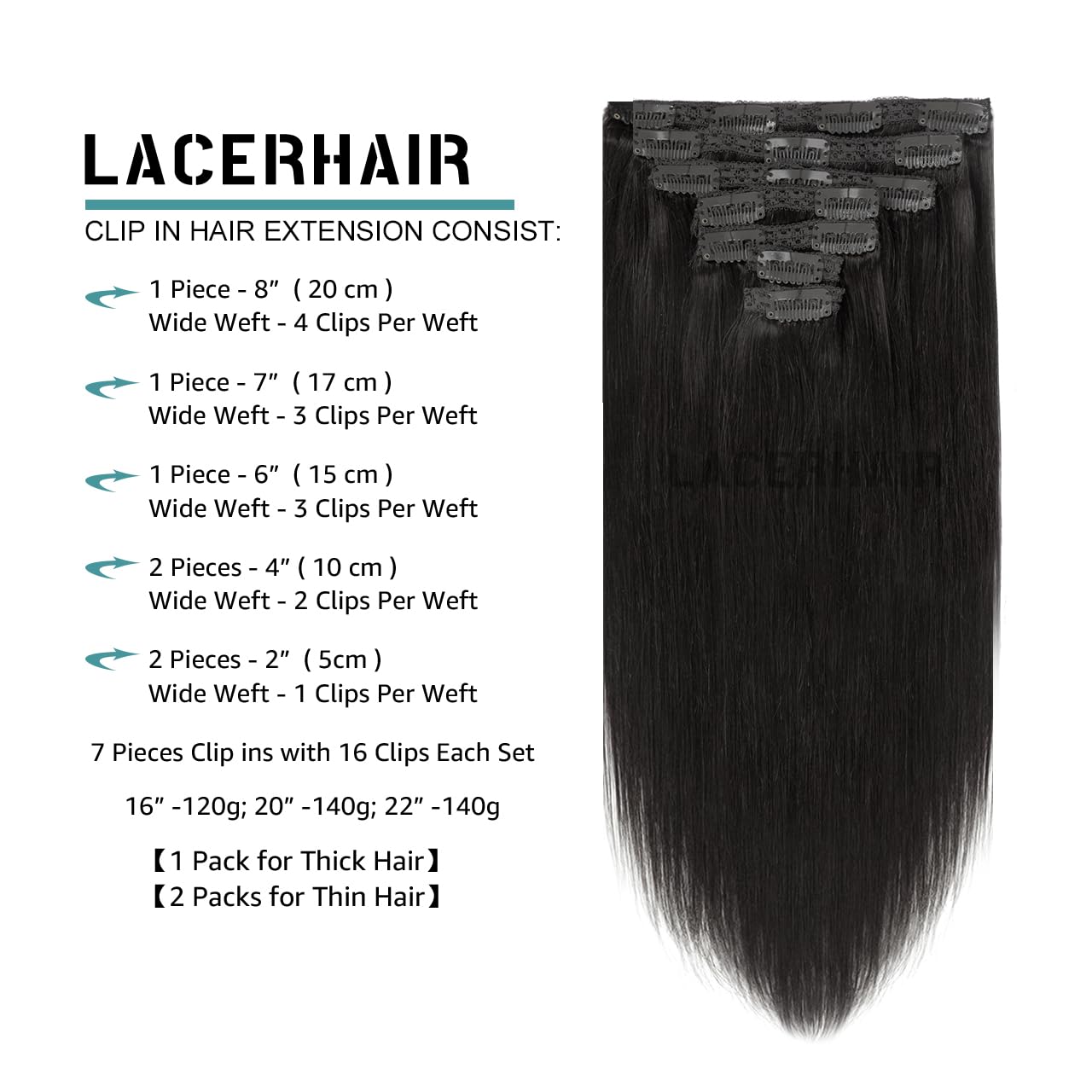 Lacer Thick Hair Extensions Clip In Human Hair Full Head Silky Straight Natural Black Clip In Hair Extensions 120G 7Pcs 14 Inch