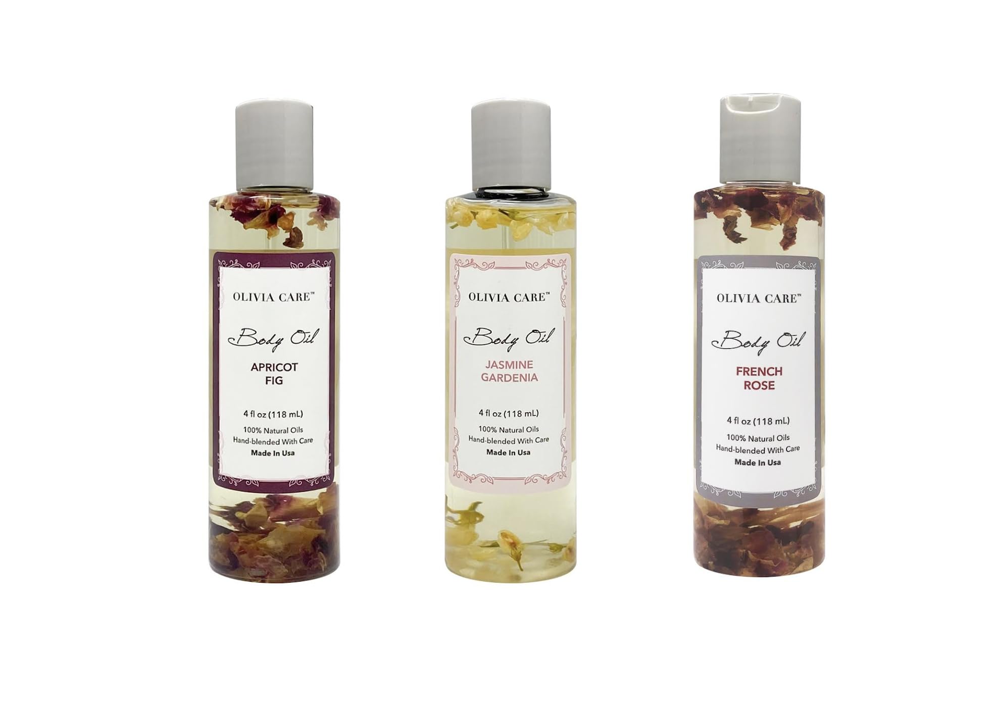 Olivia Care 3 Pack Body Oils: Apricot Fig, French Rose, Jasmine Gardenia - Natural Perfume Oils For Women & After Bath Oils Body