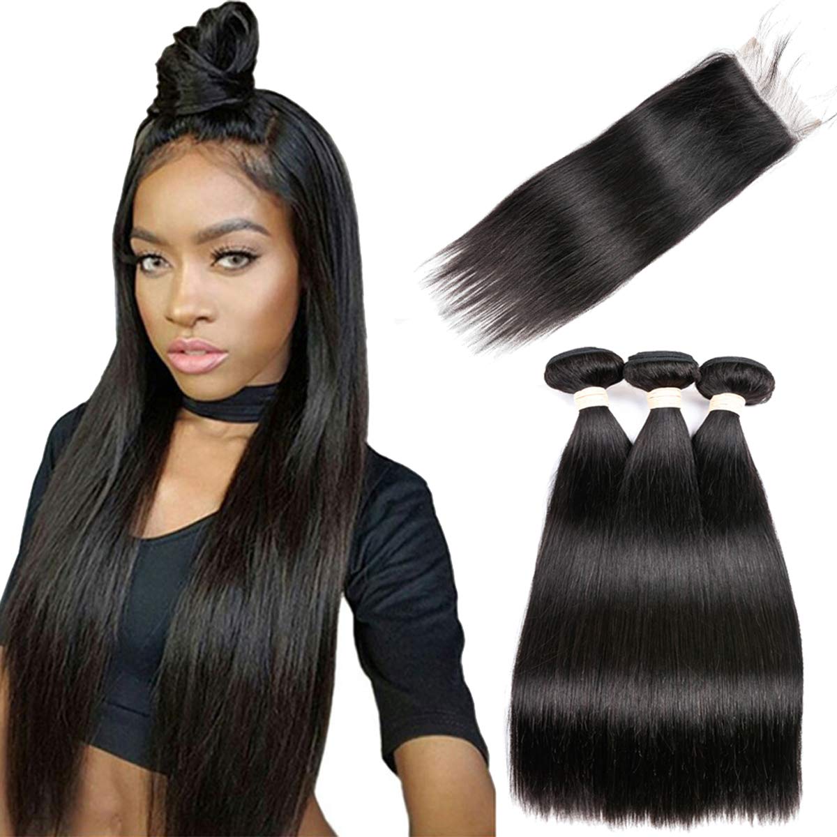 Beauhair Brazilian Straight Hair Virgin Human Hair 3 Bundles with (4x 4) Lace Closure Straight Wave Weft 100% Unprocessed Real H