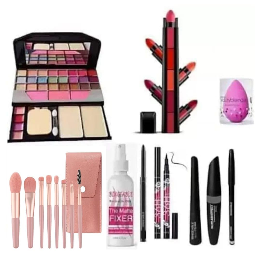 Luhsan Makeup Kit Set With Eyeshadow Palette, Lipsticks, Brushes, Makeup Fixer, Eyeliner, Mascara, Sponge, AllInOne Cosmetics 