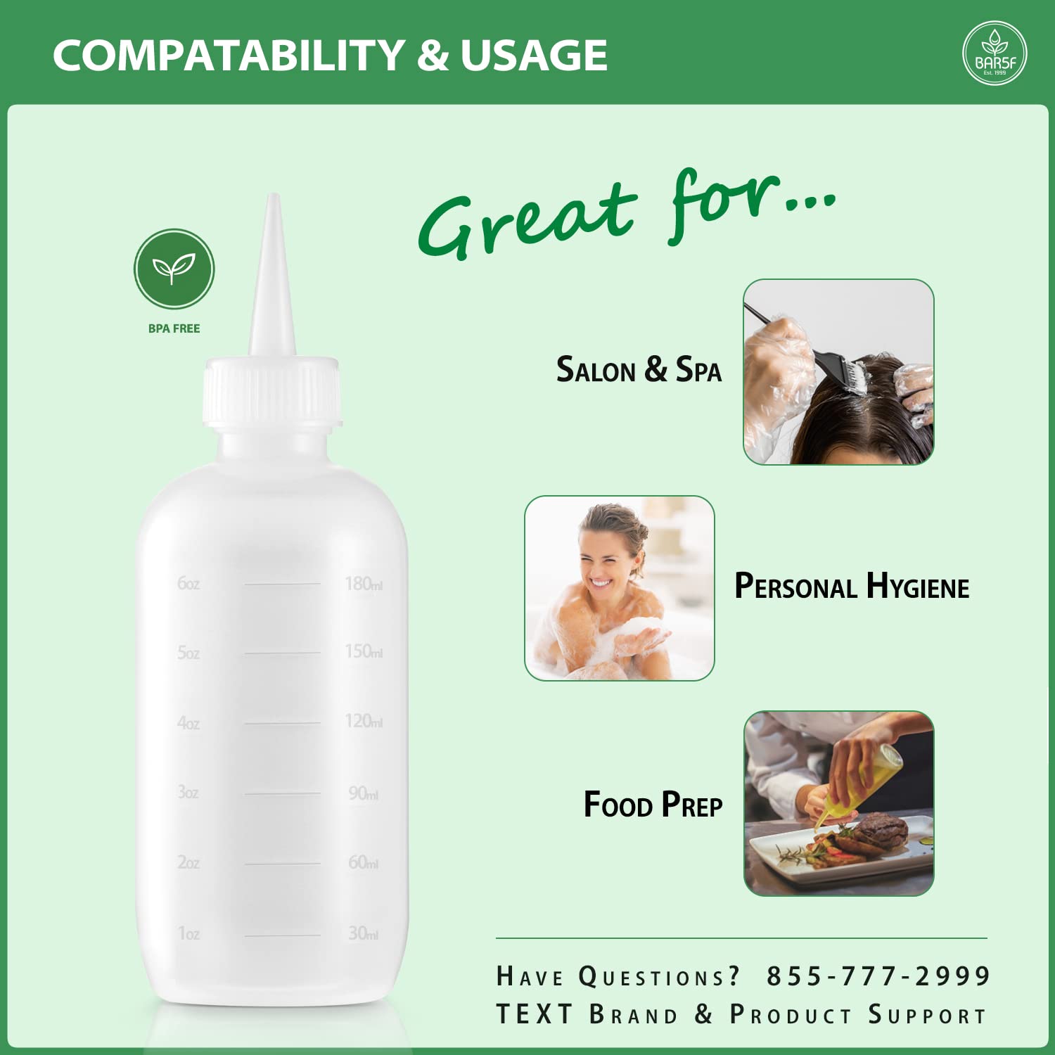 Bar5F Hair Color Applicator Bottles, 3-Pack, 6 Ounce Translucent Squeeze Dropper Bottle with Measuring Scale, BPA Free, Ideal fo