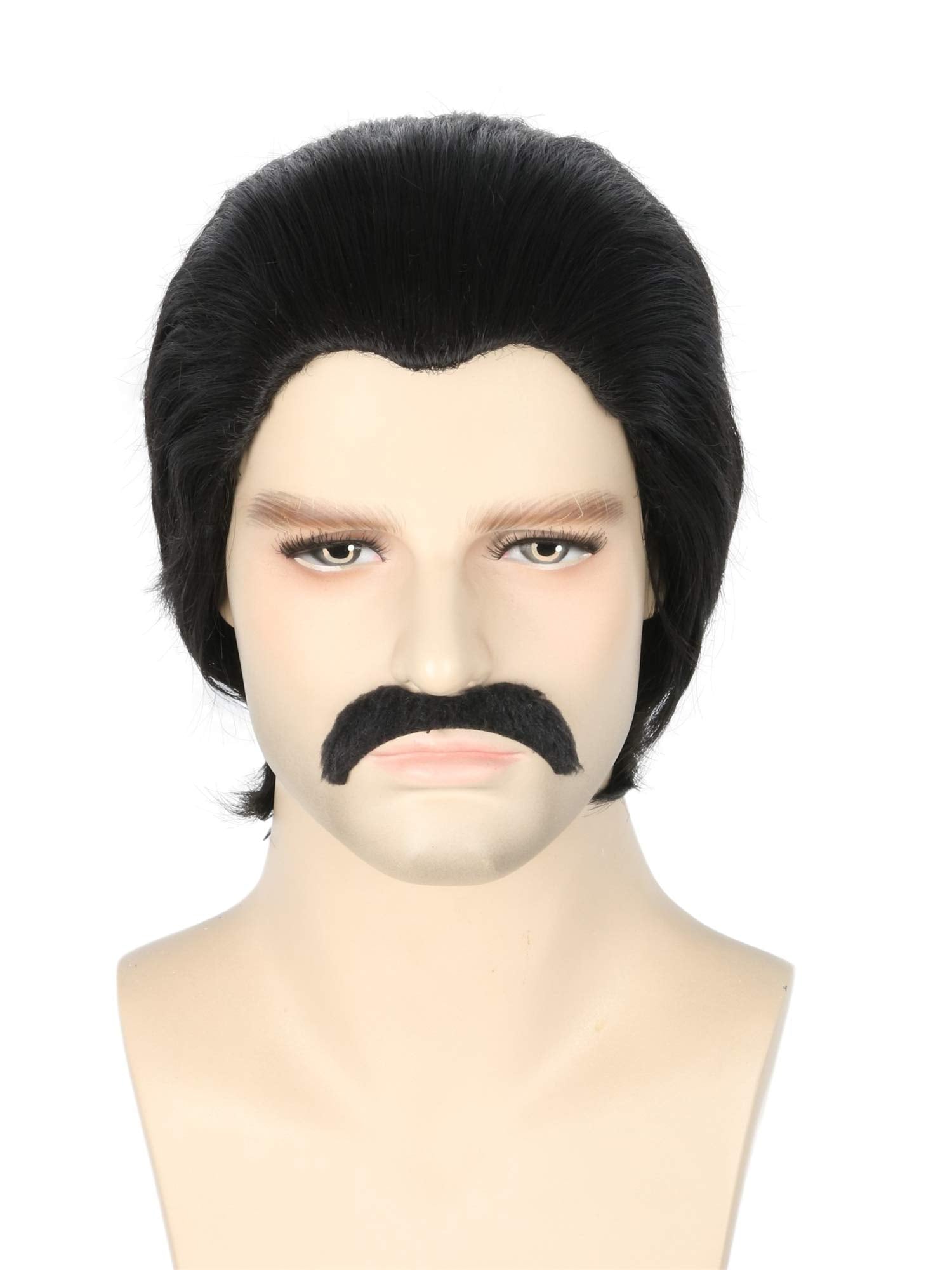 Topcosplay Men's Wigs Black Short Cosplay Halloween Costume Party Wigs Slicked-back Wig with Mustache