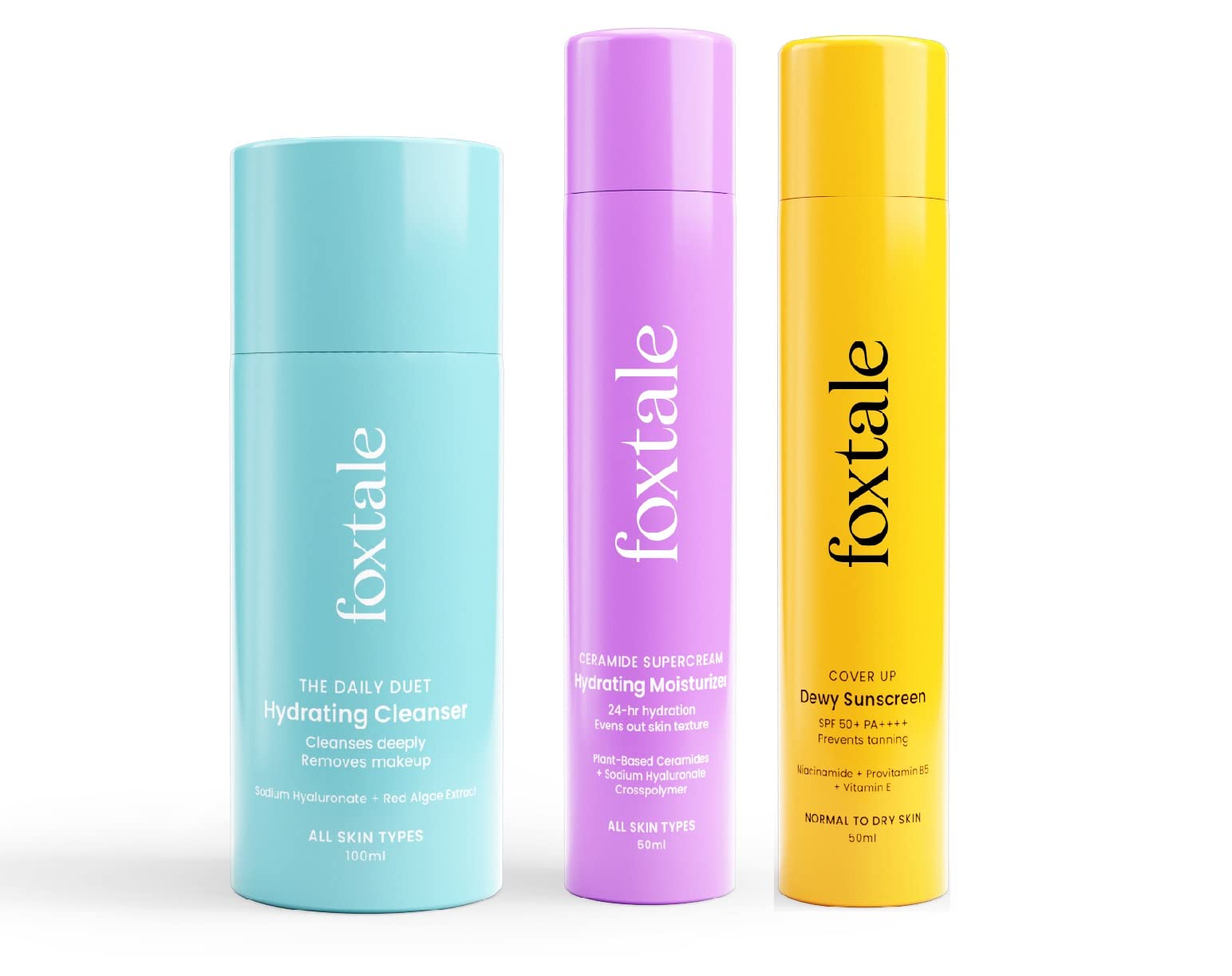 Foxtale Dewy Skin Care Kit Trio, Cleanser Face Wash 100Ml + Ceramide Moisturizer 50Ml+ Dewy Finish Sunscreen 50Ml, Spf 50| Suita