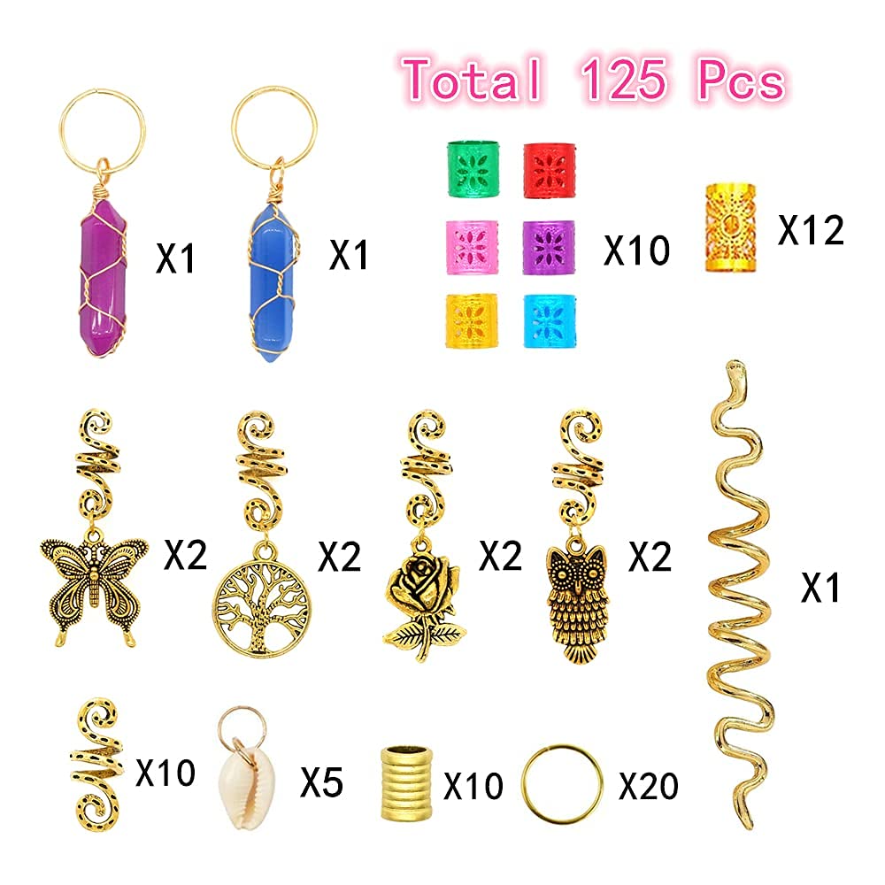 Glamer 125 Pcs Dreadlocks Hair Jewelry Set - Colorful Crystal Gemstone Pendants & Rings for Women