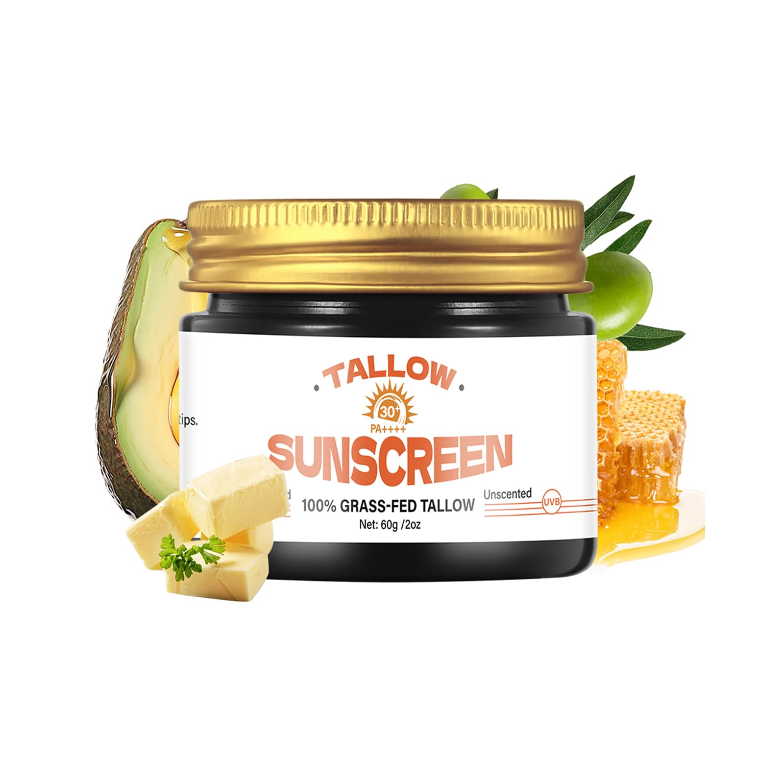 Beef Tallow Sunscreen SPF 30, Beef Tallow for Skin, GrassFed Beef Tallow Sunscreen for Face and Body, Lightweight and NonGreas