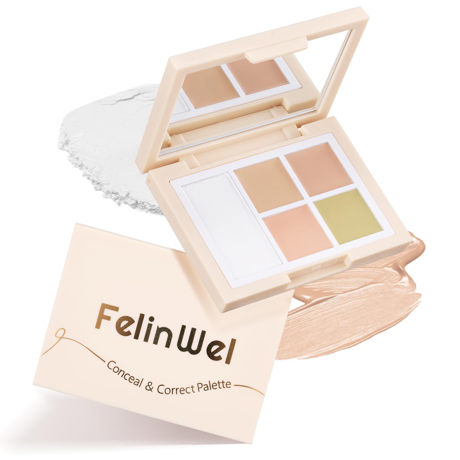 FelinWel Color Corrector Palette for Dark Circles, Redness & Blemishes, Creamy Concealer + Setting Powder for 12H CreaseProof W