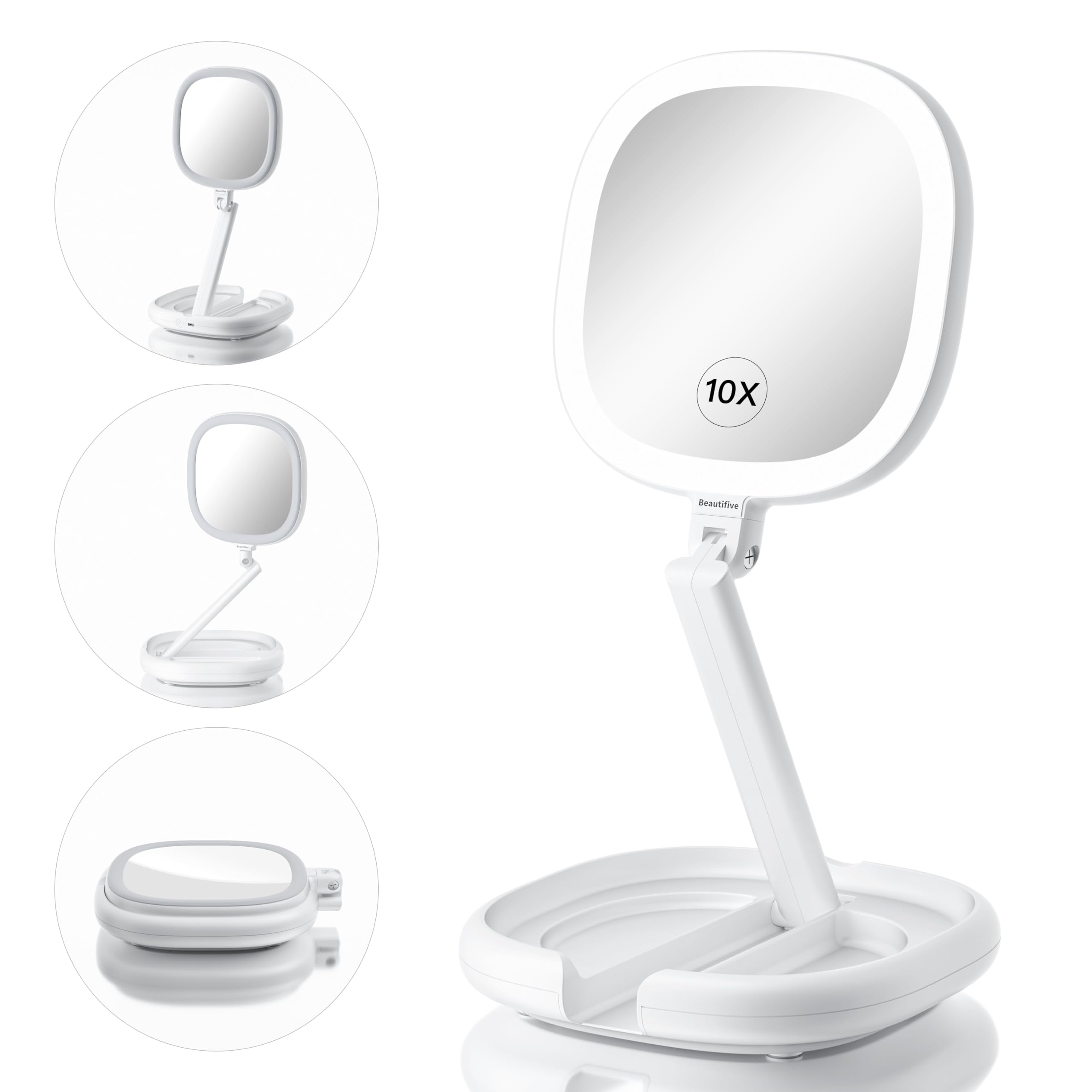 Lighted Makeup Mirror, Beautifive Vanity Mirror With Lights, Double Sided Magnifying Mirror, Brightness&Angle Adjustable, Foldin