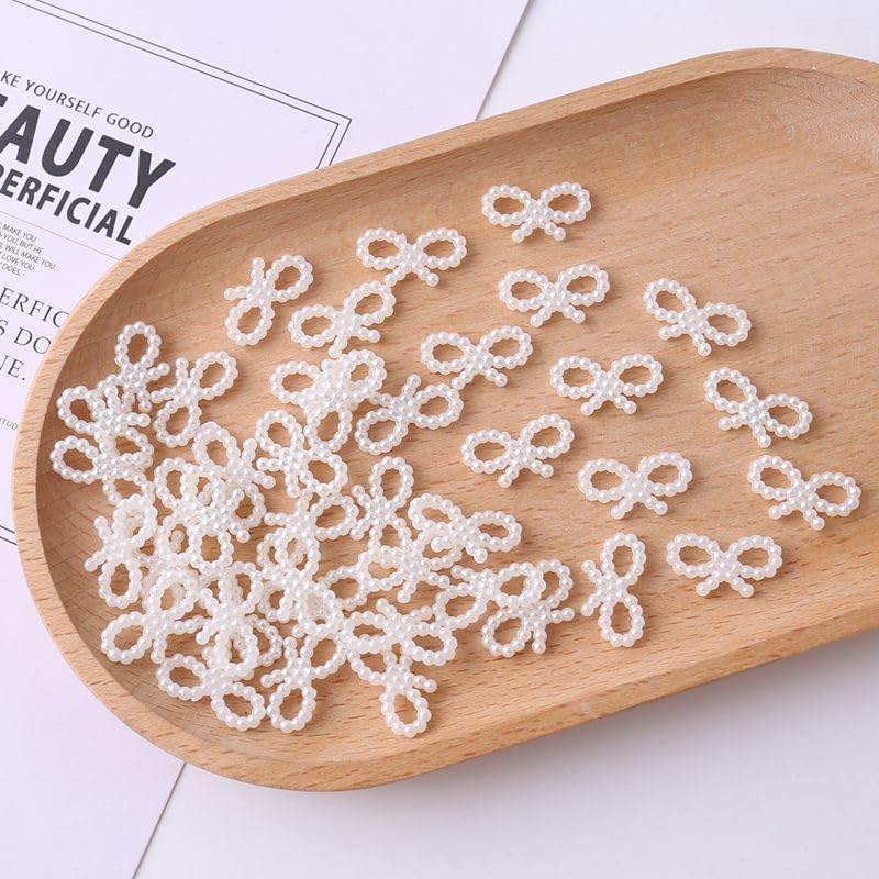 100PCS Bow Nail Charm 3D White Pearls Hearts Nail Art Charms Resin Bow Nail Designs Rhinestones White Flat Back Valentine's Day 