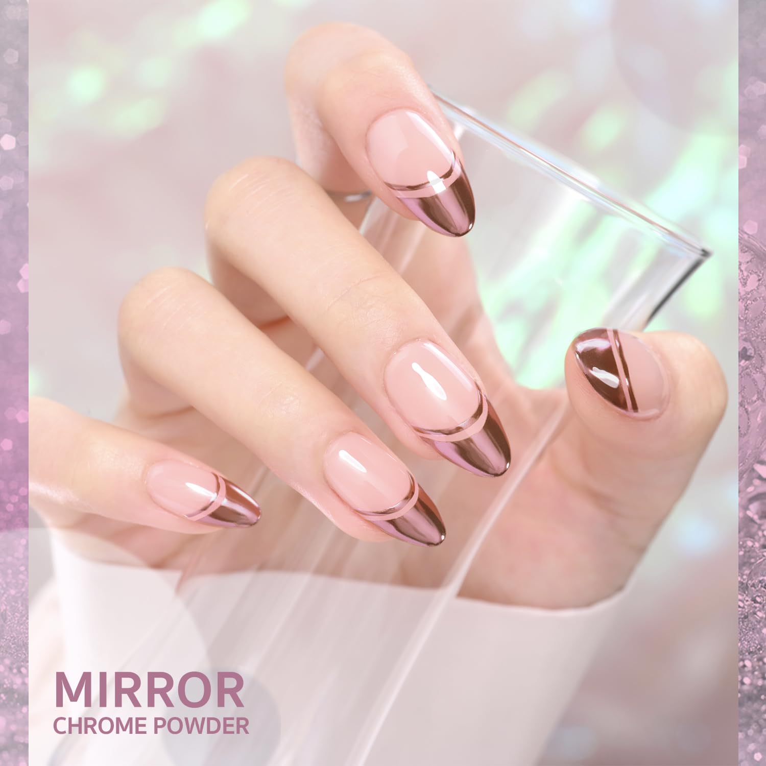 Gaoy Chrome Nail Powder, Pink Metallic Mirror Effect Holographic Shimmer Glitter Pigment Chameleon Nail Art Decorations, Rose Go