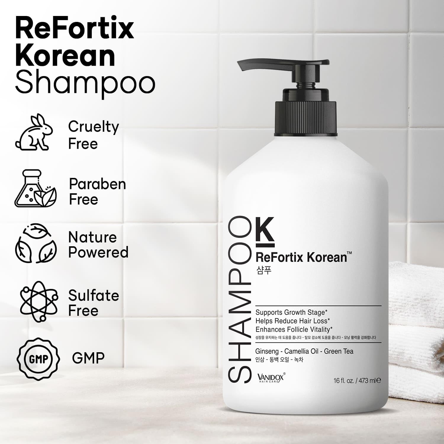 VANIDOX ReFortix Korean Shampoo, Enriched with Ginseng, Green Tea, and Camellia Oil, Supports Growth Stage and Helps Reduce Hair