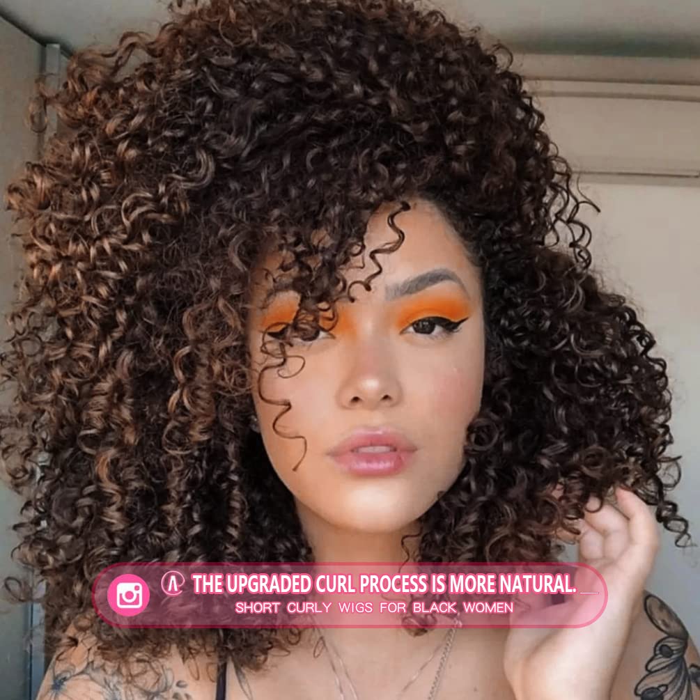 Curly Wigs For Black Women - Ombre Brown Mixed Synthetic Hair African American Full Afro Curly Wig With Bangs