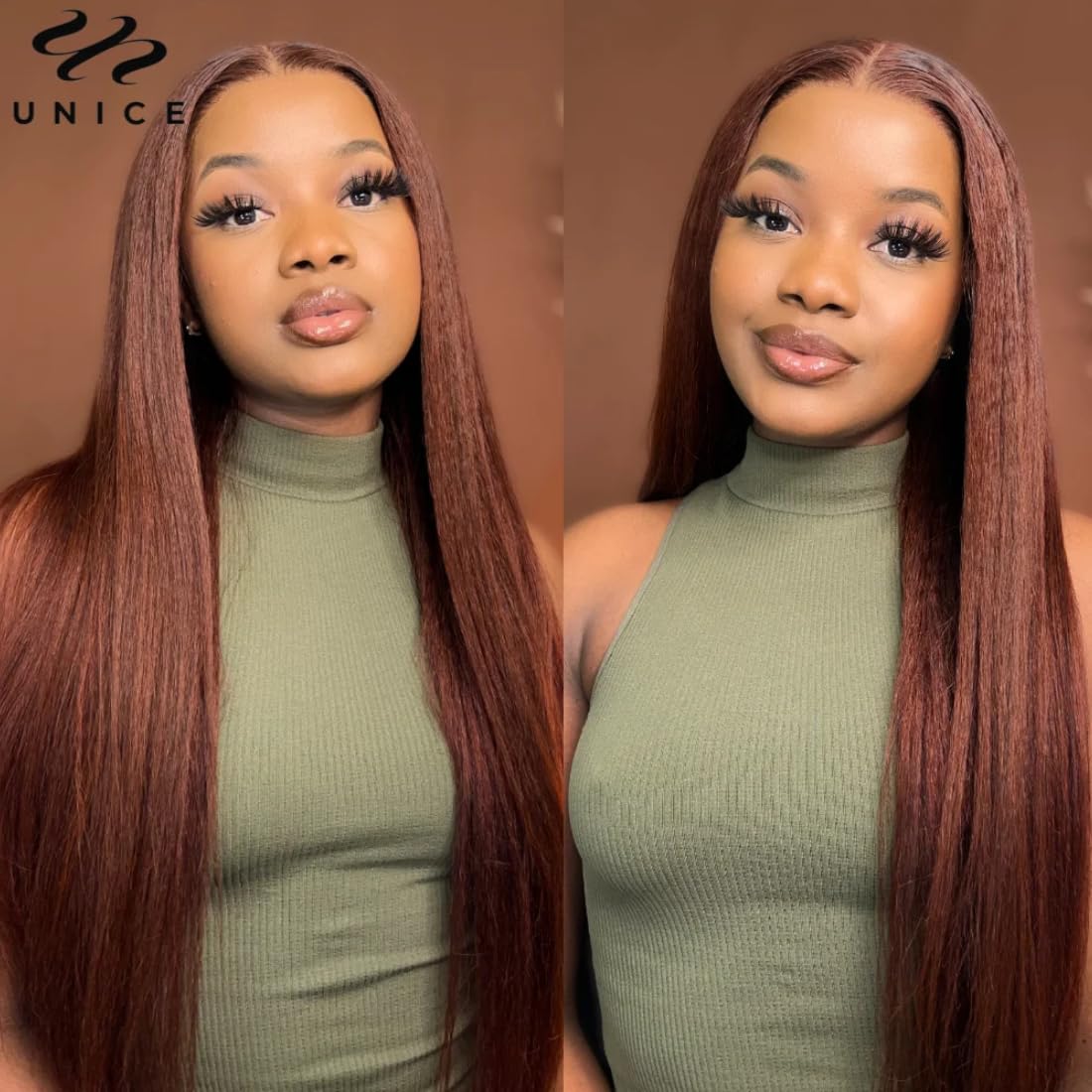 Unice Bye Bye Knots Glueless Wig Reddish Brown Yaki Straight 7X5 Pre Cut Lace Glueless Wigs Human Hair Pre Plucked Pre Bleached