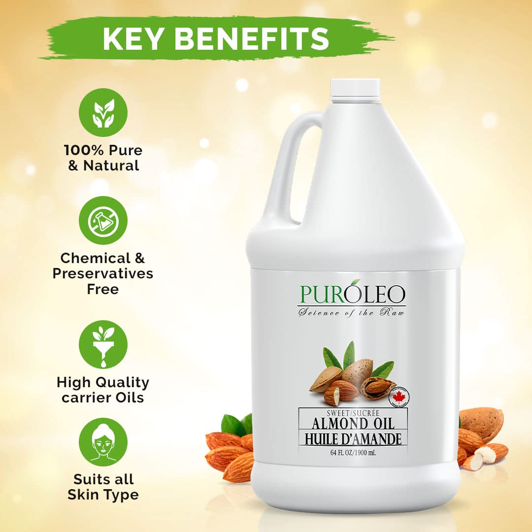 Puroleo Sweet Almond Oil 64 Fl Oz/1900 Ml 100% Natural And Pure | Moisturizer & Carrier Oil | Beauty & Diy Blends, Massage Oil,