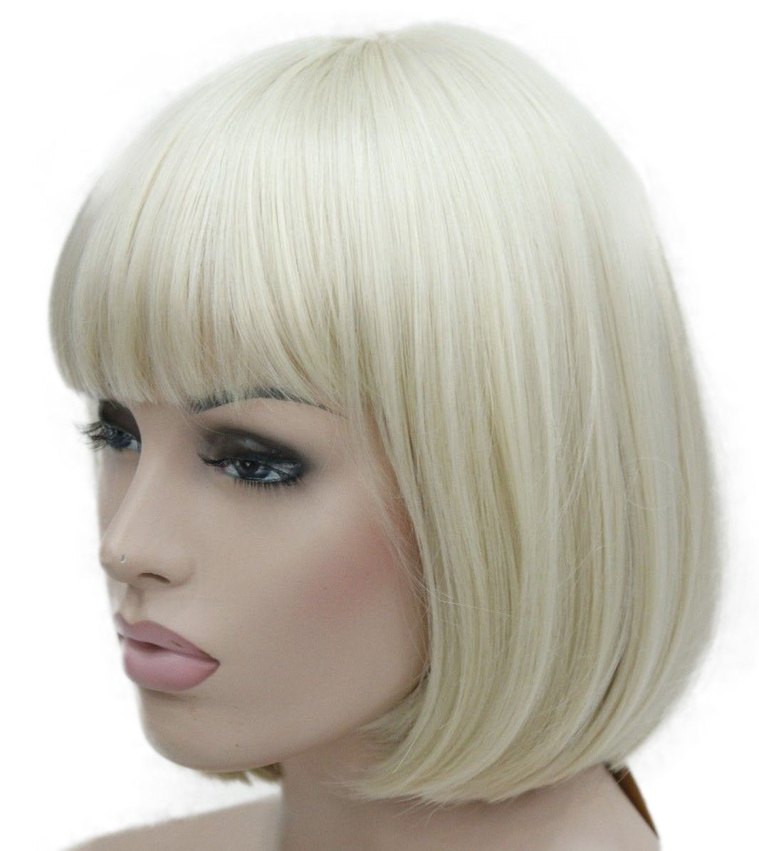 Lydell 8'' Straight Short Bob Hair Flat Bangs Cute Central Dot Skin Top Heat Resistant Synthetic Wigs (614 Pale Blonde)