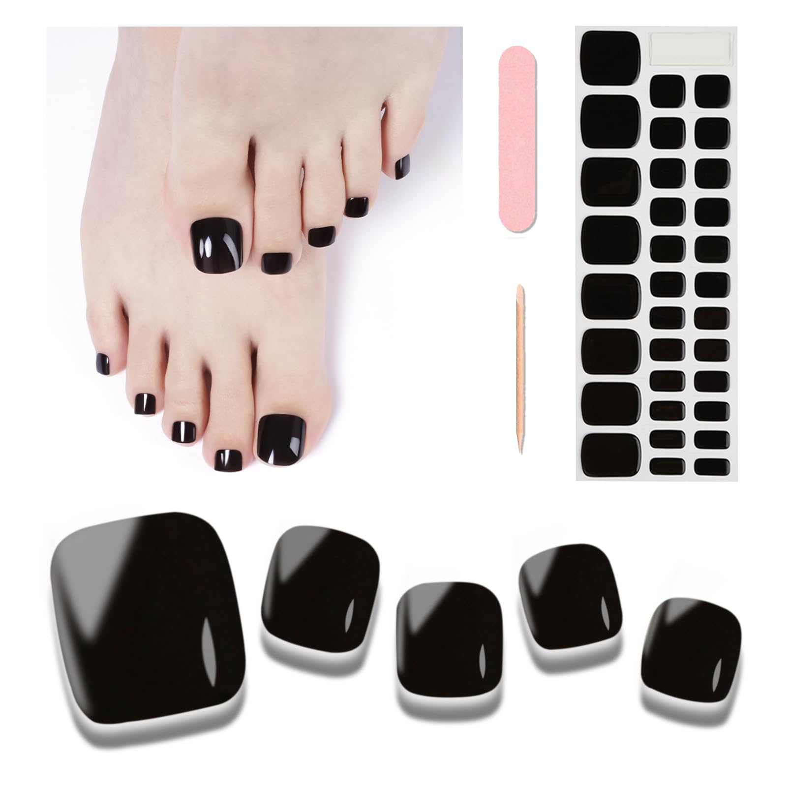 Wekcekcek Semi Cured Gel Toenail Strips, 32 Black Gel Toenail Stickers - Works with Any Nail Lamps Gel Pedicure Strips Full Nail