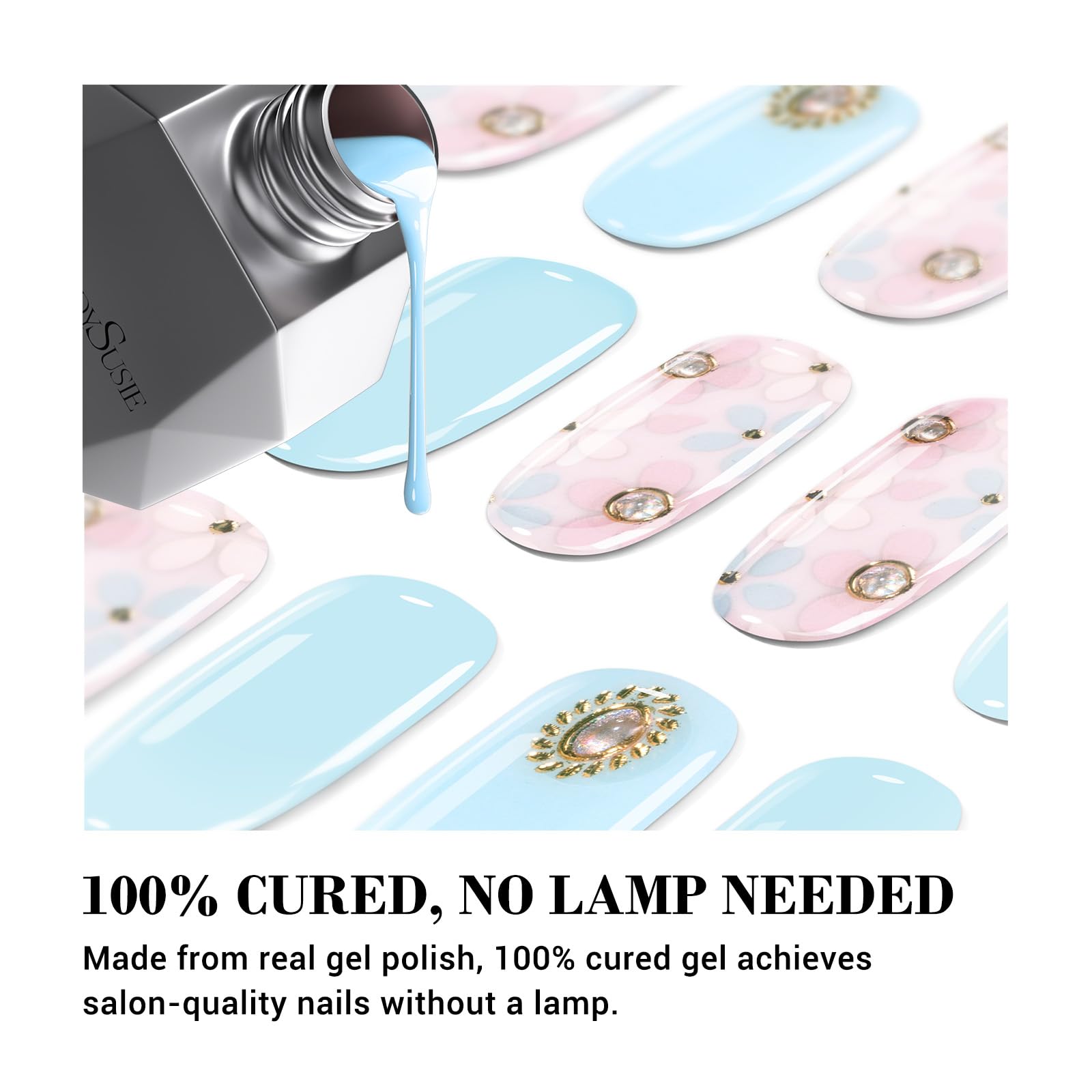 MelodySusie Qcoat Fully Cured Gel Nail Strips, Light Blue Crystal Flowers, UV Free Nail Polish Strips, Salon Quality, Long Lasti