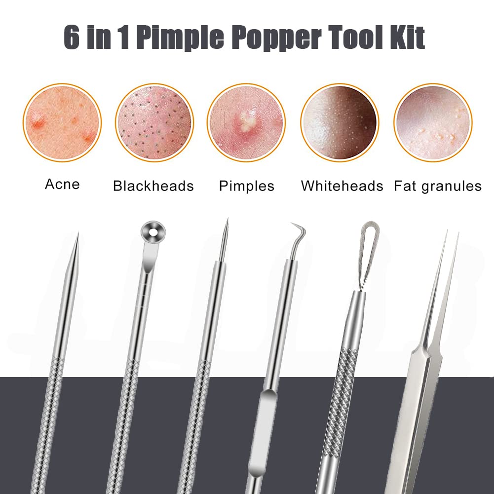 BLAAROOM Pimple Popper Tool Kit - 6 Pcs Stainless Steel Blackhead Remover Set - Silver Acne Treatment for Face and Nose