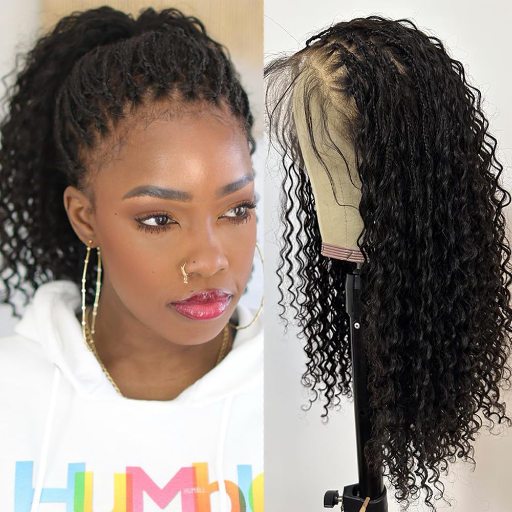 FlowerSeason Boho Box Braids Wig Full Lace Braided Wig Human Hair Square Parted Knotless Pre Pluched With Baby Hair Braided Wigs