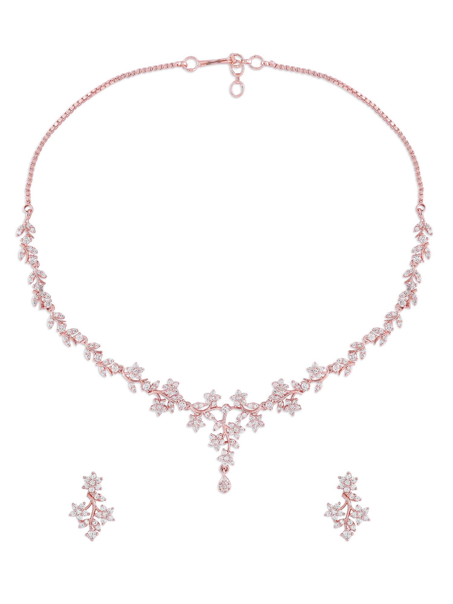 Zaveri Pearls Rose Gold Dazzling Cubic Zirconia Floral Brass Necklace & Earring Set For WomenZpfk16480