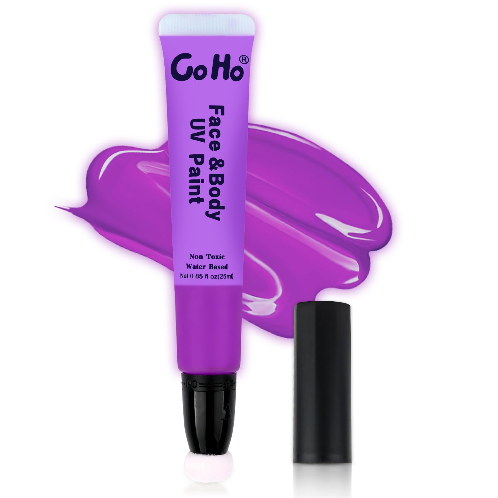 Go Ho Uv Blacklight Neon Purple Face Body Paint,Water Based Bright Color Neon Fluorescent Body Paint With Cushion Applicator,Glo