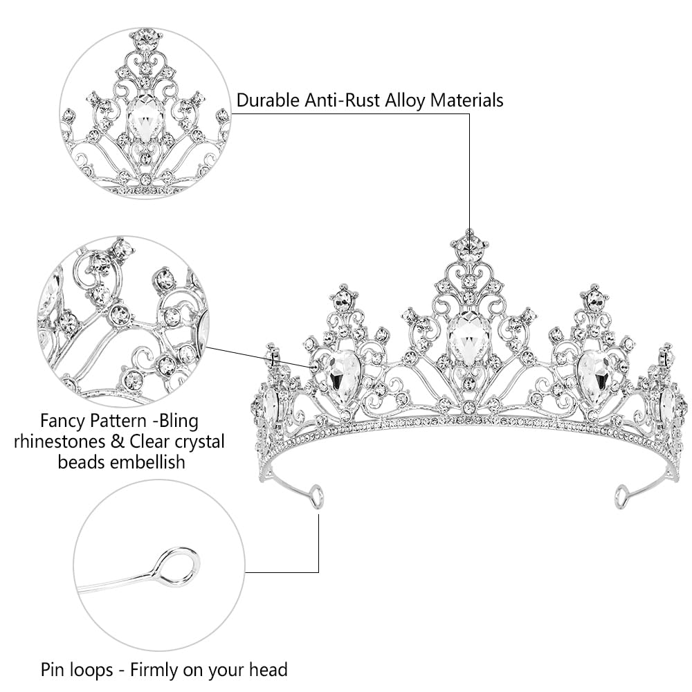 AHONEY Silver Tiara and Crown for Women, Crystal Royal Queen Crown Bridal Headband Rhinestone Princess Tiaras for Girls Quincean