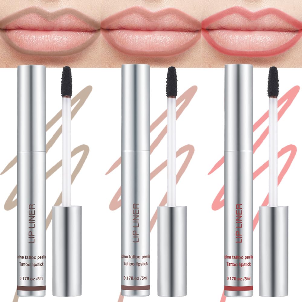 Hhltoh 3 Pcs Peel Off Lip Liner Stain Set Lip Tint Stain Peel Off, Long Lasting Waterproof Transfer-Proof, Instant Peel Off Lip