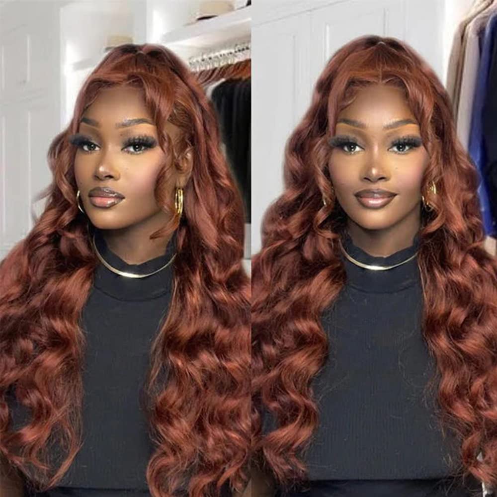 32 Inch Reddish Brown Lace Front Wigs Human Hair 13x6 HD Body Wave Frontal Wigs for Women 180 Density Bleach Knots Copper Red Gl