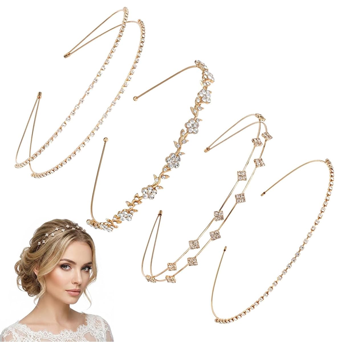 Sannidhi 4Piece Crystal Metal Headband Set For Women, Sparkling Gold Hairbands With Geometric, Chain & Floral Designs, Lightwei