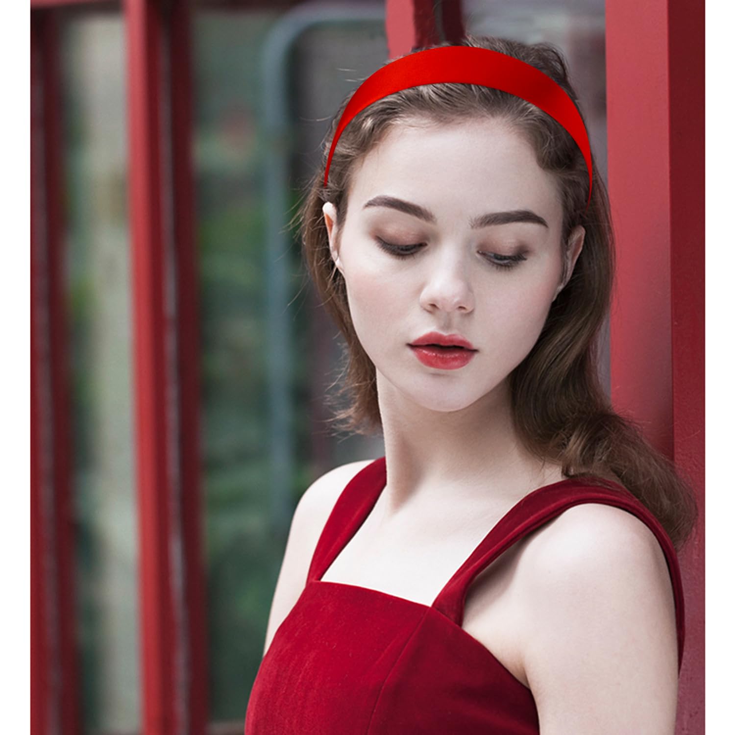 Atoden Satin Red Headbands For Women Girls 1.18 Inch Wide Thin Hard Headbands Non Slip Ribbon Hair Bands Plain Headbands For Cra